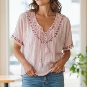 NWT Mazik Light Pink Crochet Detail Blouse Size L